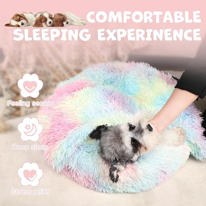 Himax Dog Beds for Large Dogs, Donut Dog Bed with Blanket Attached, Calming Round Dogs Beds Washable(20"/26"/35") Multicolor