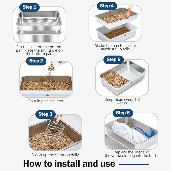 Stainless Steel Sifting Litter Box with Lid, Metal Litter Pan with Scoop for Big Cats Multi Cat, Extra Large Cats Litterbox Odor Control Easy Clean (23*15.4*6.9inch-Without Enclosure, X-Large)