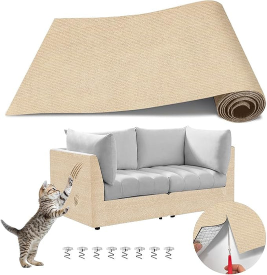 Cat Wall Scratcher Mat, Anti-Scratch Furniture Protector for Indoor Cats - Trimmable Scratching Pad & Couch Replacement - Khaki, 78.7x15.8In
