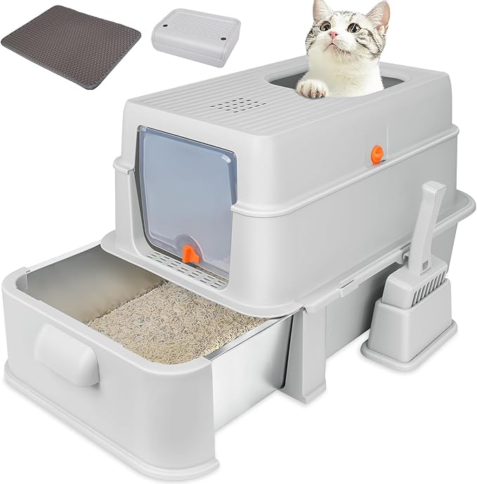 Enclosed Stainless Steel Cat Litter Boxes,Top Entry Large Foldable Litter Box with Lid,Hooded Covered Stainless Steel Cat Litter Box,Easy Cleaning,No Urine Leakage,Deeper Pan,with Litter Mat