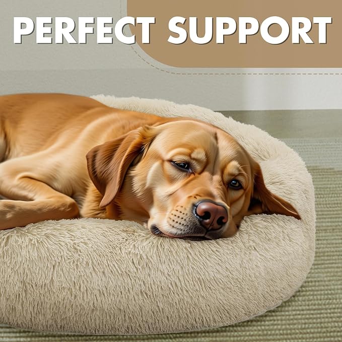 Athena Collection Washable Dog Bed Large Size Dog, Cat Bed for Indoor Cats, 36 Inches Fluffy Faux Fur Round Pet Bed Calming Cozy Soft Warming Donut for Large Size Pet, Beige