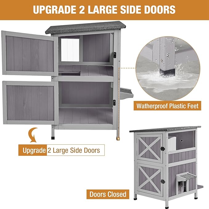 Gutinneen Cat House Feral Kitty Shelter Ourdoor & Indoor Cat Cage with Waterproof Roof, 2 Large Side Doors