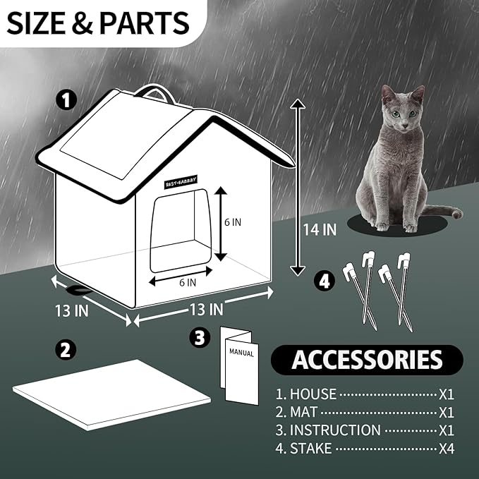 Rest-Eazzzy Cat House for Outdoor Cats, Weatherproof and Insulated Feral Cat House with Mat and Clip, Easy to Put Together, Selfwarming Cat Shelter for Winter, Never Blow Away (Grey, House X 2)