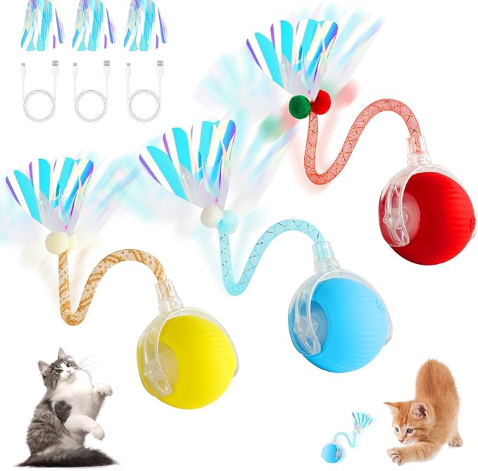 3 Packs Speed Tail 2.0 Interactive Cat Toys for Indoor Cats, Automatic Moving Cat Toy with Elastic Mesh Tail, Rechargeable Cats Ball for Enrichment Exercise