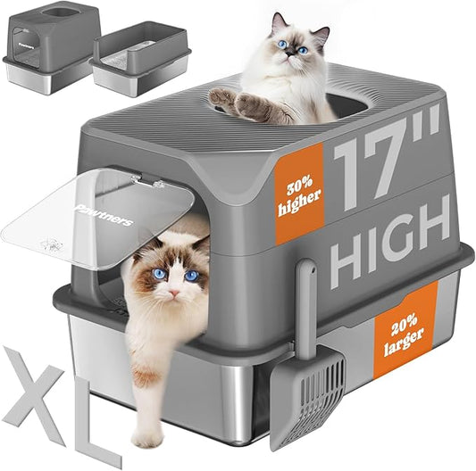 Pawtners Stainless Steel Cat Litter Box, XL Extra Large Kitty Litter Pan, Front Entry Top Exit Hooded Metal Cat Toilet for Odor Control with Removable Lid & Scoop, Anti-Leakage, Easy to Clean