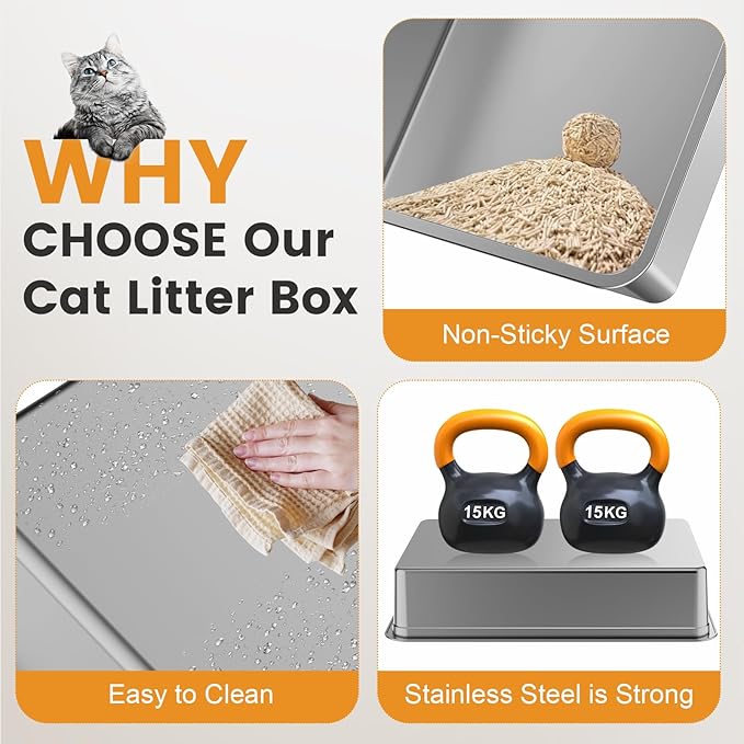 XXXL Stainless Steel Litter Box,Extra Large 28" L x 20" W Metal Litter Box for Big Cats & Multiple Cats with High Sided, Anti-Urine Leakage, Non-Sticky, Easy Cleaning, Include Scoop(Black)