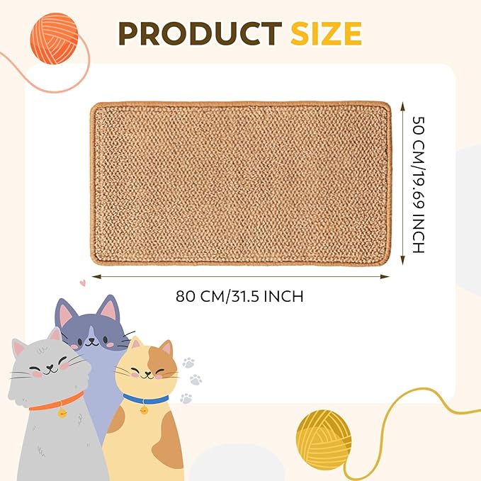 Cat Scratcher Mat with Sticky Tapes, 31.5" x 19.7" Sisal Cat Scratching Carpet for Indoor Cats, Horizontal Cat Scratcher for Cat House, Scratching Posts, and Couch Protection(Camel)