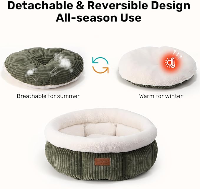 FUKUMARU Cat Bed, Washable Round Cat Beds for Indoor Cats, Soft Fluffy Pet Bed for Cats and Puppy, Corduroy Cute Small Dog Beds, Green