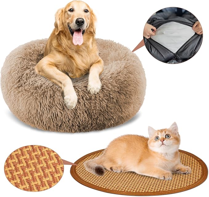 Calming Donut Dog Bed Medium Size Removable Cover + 2 PCS Cooling Rattan Pet Mat, Fluffy Comfort Anti-Anxiety Washable Round Pets Bed with Double-Sided Cool Pad for Medium Dogs/Cat, 31" Khaki