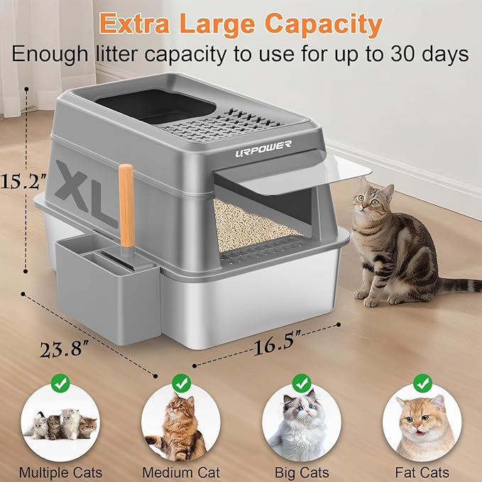 URPOWER Stainless Steel Cat Litter Box with Lid Extra Large Enclosed Litter Box for Cats Non-Sticky Metal Pan with High Sided Enclosure & Scoop, Front & Top Entry, Anti-Leakage, Easy Cleaning