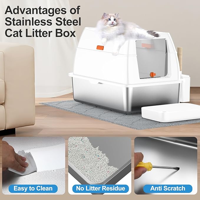 Stainless Steel Litter Box with Lid,Extra Large Enclosed Removable Cat Litter Boxes for Big Cats,Top Entry Metal Kitty Litter Box with Cover.Anti-Leakage,Easy Cleaning.Includes Scoop&Litter Mat-White