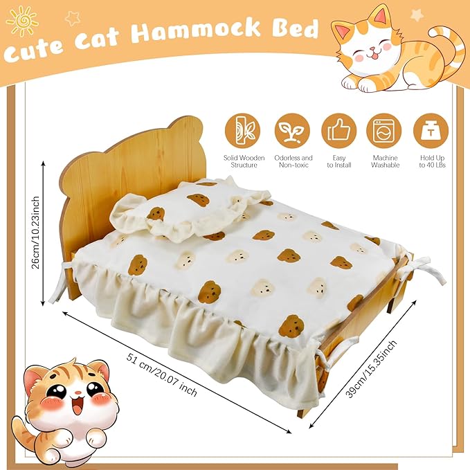 Elevated Cat Bed for Indoor Cats: Natural Wooden Cat Hammock Bed with Raised Legs Washable Mattress Pillow for Small Dogs Rabbit Bunny and Small Animals Holding 40 Lbs