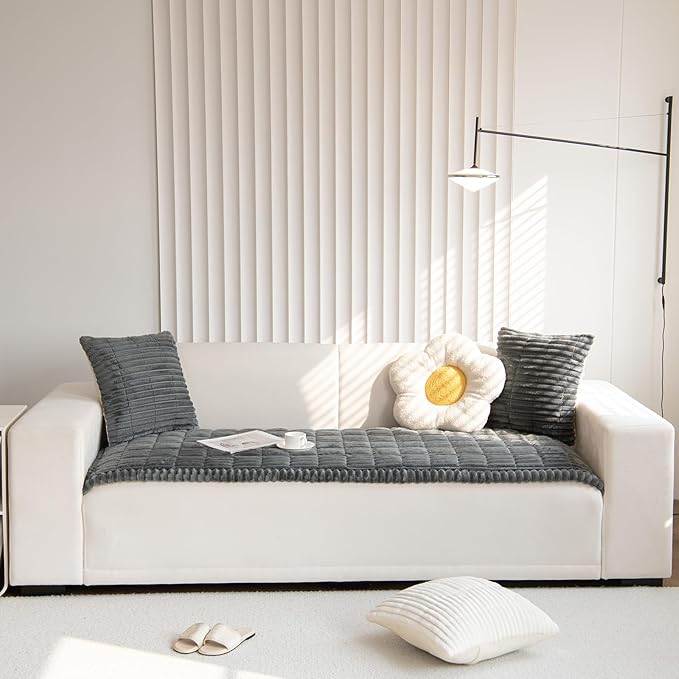 Faux Fur Plush Dog Couch Cover 3D Stripe Fuzzy Sofa Cover Non-Slip Fluffy Dog Bed Cover Pet Blanket Sofa Couch Furniture Protector for Puppy Large Dog Cat (Dark Grey,31"x63")