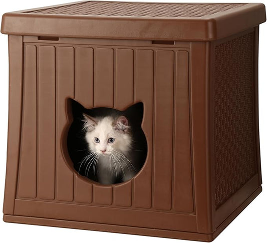 Heavy Duty Cat House Waterproof, Hidden Cat Litter Box Enclosure with Flip Lid for Easy Cleaning, Extra Thick Insulated Cat House Outdoor, Winter Feral Cat Shelter Weatherproof, Caramel