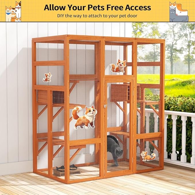 COZIWOW 70Inches Large Spacious Wooden Outdoor Catio with Perches and Condos, Cat Catio Enclosures Indoor Kitty Window Kennel with Waterproof Roof, 7 Platforms & 2 Resting Box, UV Resistant(Orange)