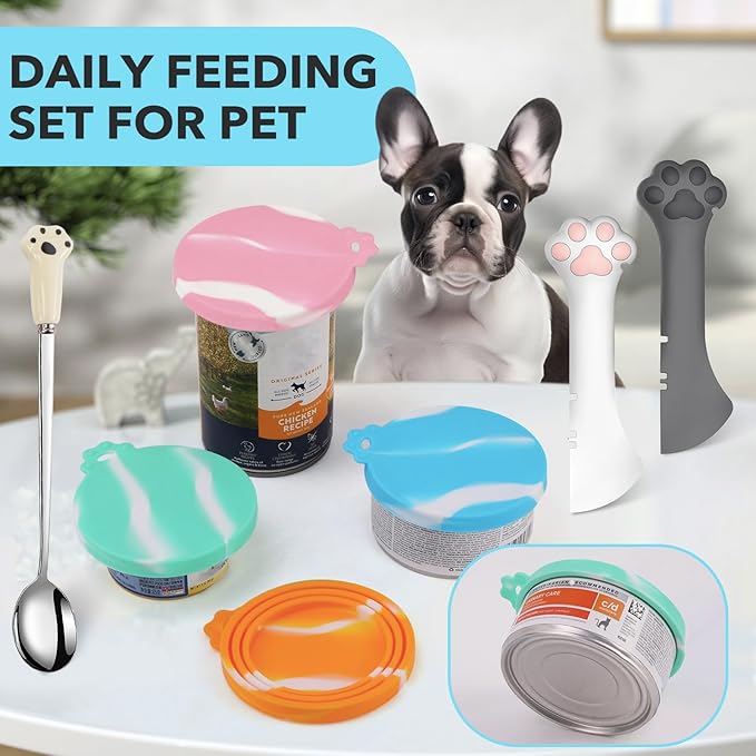 Comtim 5 PCS Pet Food Can Lids & Spoons Set - Silicone Dog Cat Food Can Covers Lids Top/Multi-Function Cat Food Spoon Spatula Can Opener for Wet Food/Long Handle Spoon Easy to Scoop Food