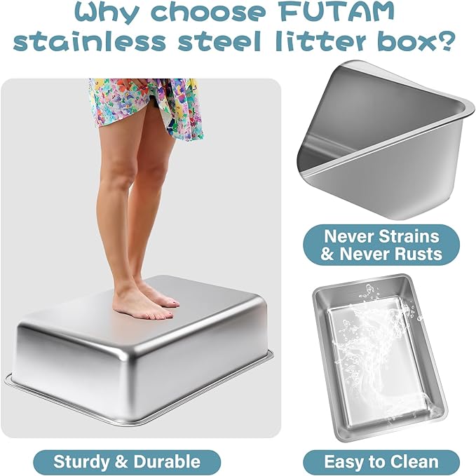 Stainless Steel Litter Box 2 Pack,19.7"x13.7"x6" Large Metal Litter Box for Kitty/Cat/Rabbits, Easy to Clean, Non Stick Litterbox No Smell for Adult Cats
