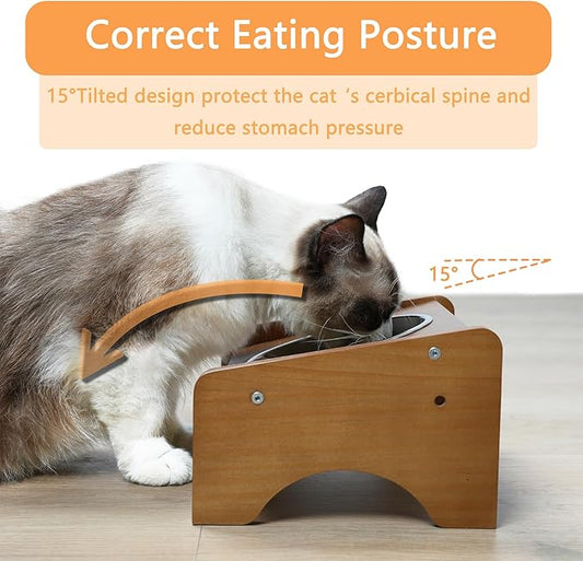 Elevated Stainless Steel Raised Food and Water Bowls, 15 Tilted Anti Vomiting, Dishwasher Safe, Non-Slip, Suitable for Cats and Puppies (Brown) - 2 Pack