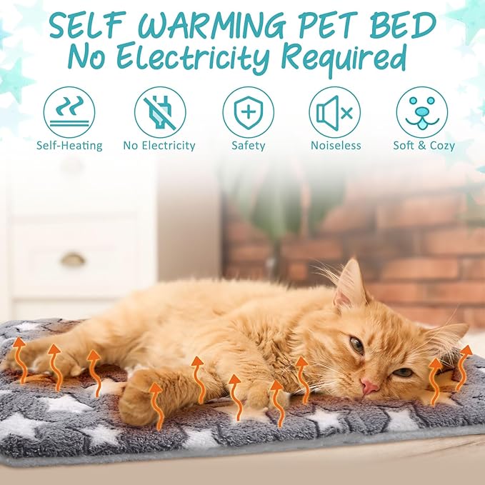 2 Pack Self Warming Cat Mat Self Heating Pad Bed Reversible Machine Washable Reflects Body Heat Warm Thermal Pet Pad Crate Blanket for Feral and Indoor Cat(Star,21" X 14")