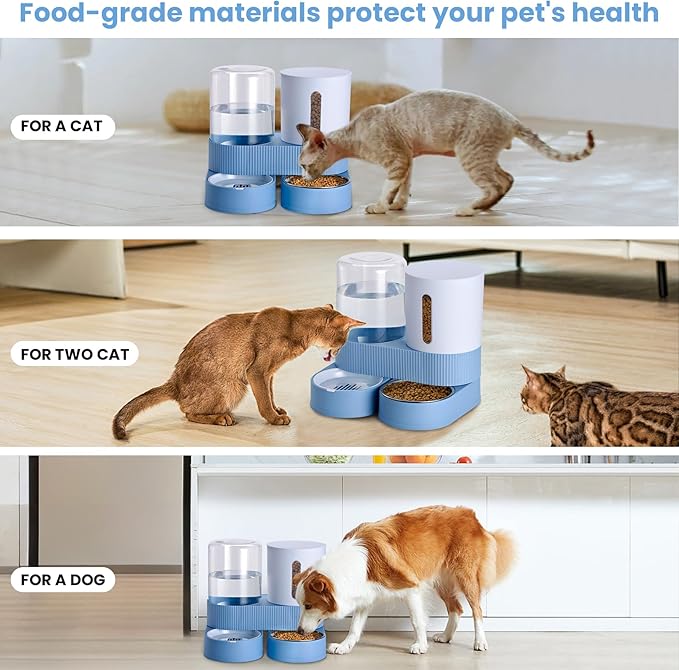 Automatic Dog Cat Water Dispenser Gravity Feeder and Water Dispenser Stainless Steel 2-in-1 Set Large Capacity Dispenser for Pets Dogs, Puppies, Kittens-Blue