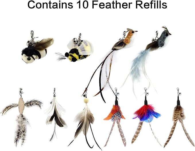 TTcat Interactive Bird & Insect Simulation Cat Toy Set - 10 Pcs Feather Refills & 2 Pcs Cat Wand Toy, 29'' Flexible Steel Wire, Sturdy Wood Handle & Bell, for Indoor Kittens