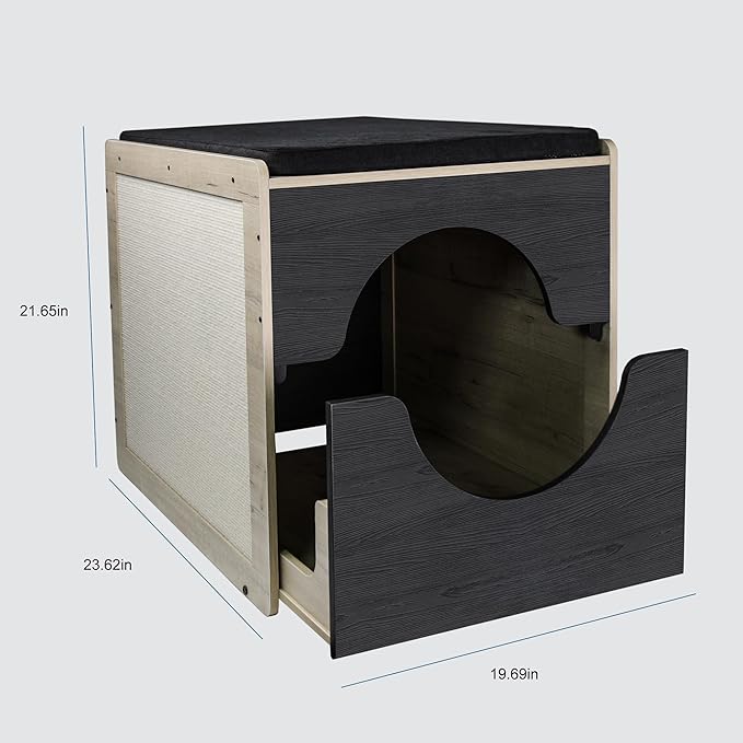 Modern Cat Bed Furniture with Scratching Post - Pull-Out Enclosure & Soft Cushion, Space-Saving Side Table for Indoor Cats, Black/Natural Wood (23.5" x 19.7" x 21.7")