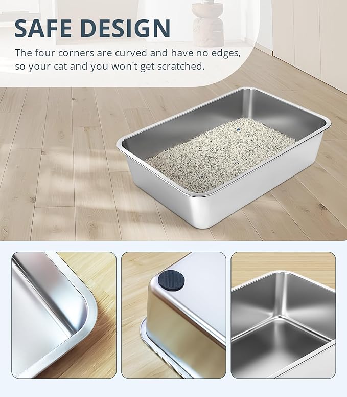 Stainless Steel Cat Litter Box, 6in Cat Litter Pan for Large Cats and Rabbits, Extra Large Metal Litter Box High Sides Odor Control Anti-Corrosion Nonstick