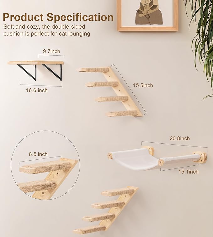Cat Wall Shelves Set of 4, with 1 Floating Fabric Hammock, 2 Ladders with 4 Steps Each & 1 Flat Shelf – Wall Mounted Bed Furniture & Climber for Large Cats, Indoor Playground