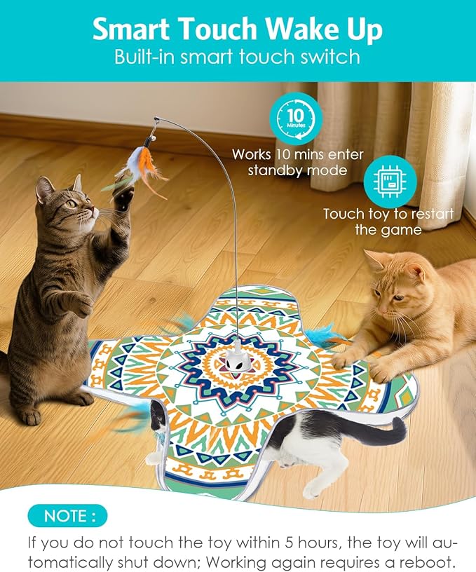 Interactive Cat Toy, Rechargeable Cat Toys for Indoor Cats, Automatic Cats Chasing Toy, Hide & Seek, 2 Modes, Self-Holding Suction Base, 3-in-1 Feather Toys with 1 Teaser Pole, 4 Replacements