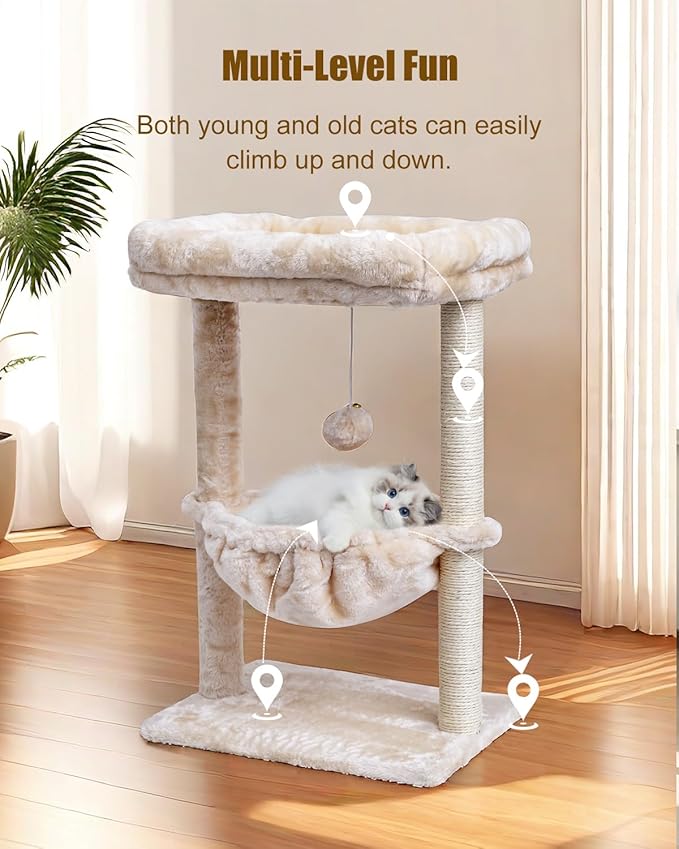 SYANDLVY Small Cat Tree for Indoor Cats, Activity Cat Tower with Scratching Post for Kittens, Cat Furniture with Basket & Hanging Ball for Play Rest, Beige