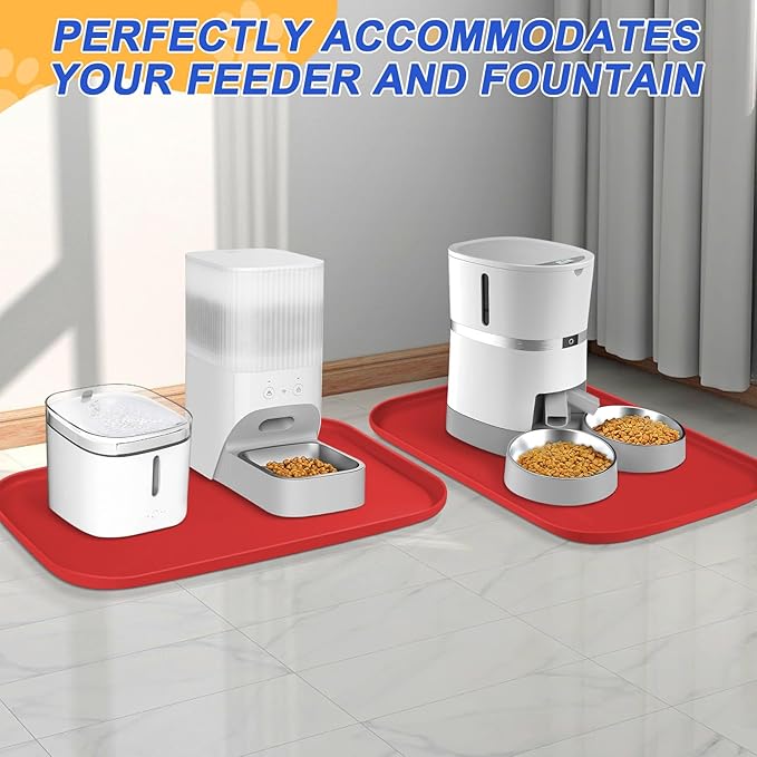 Silicone Pet Feeding Mat with Raised Edge for Food and Water, Dog Bowl Mats, Cat Bowls Placemat with High Lip for Floor Waterproof, Rubber Tray for Cats and Dogs 24 x 16 x0.8 Red