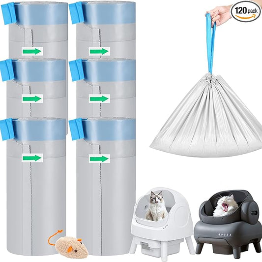 120 Count Cat Litter Replaced Waste Bags Liners for Neakas M1 Petpivot Autoscooper 11 and Similar Open-Top Self-Cleaning Cat Litter Box, Disposable Pet Wast Bags with Drawstring Heavy Duty Leak-proof