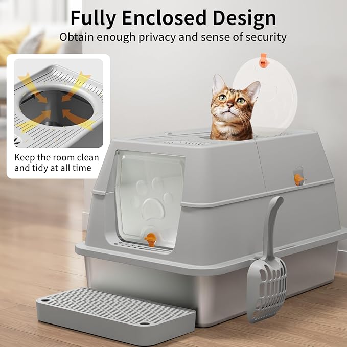 Stainless Steel Cat Litter Box with Lid, 180° Flip-Top XL Extra Large Enclosed Litter Box, Covered Metal High Sided Litter Pan with Steps & Scoop, Easy Cleaning, Odor Control, Non-Sticky-Grey