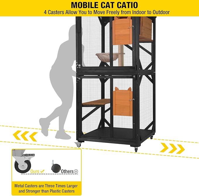 Aivituvin Outdoor Catio Cat Enclosures on Wheels Cat House 70.9" Large Kitty House with Upgraded Resting Box,Waterproof Roof Cover,Brown