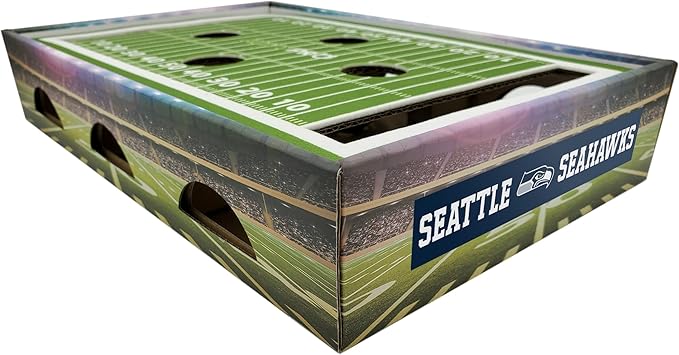 NFL Seattle Seahawks Football Stadium Cat Scratcher Find & Play Box With 2 Jingle Bell Balls - Game Day Toy, Field Felt Scratcher, Play and Lounge Stimulating Game