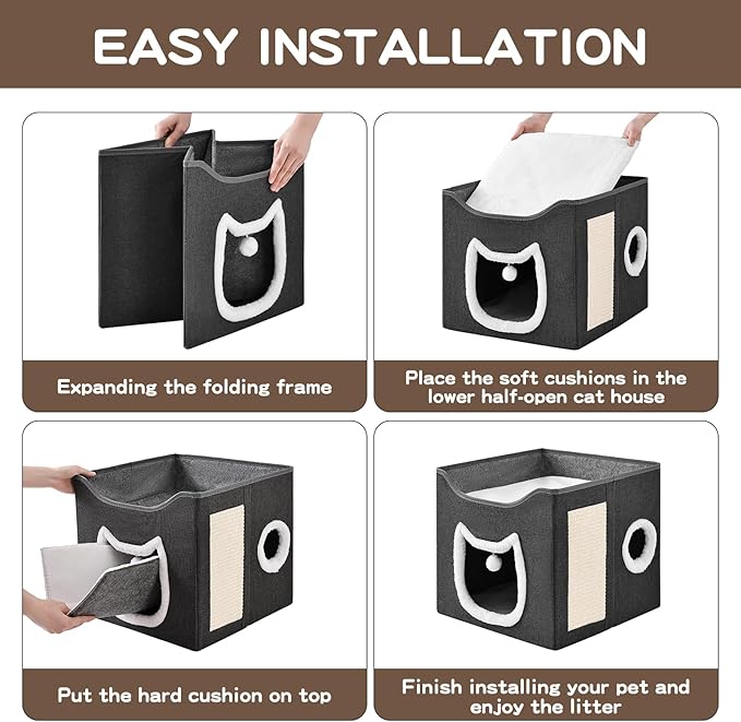 Cat Beds for Indoor Cats, Large Cat Cave with Fluffy Ball and Scratch Pad, Foldable Cat Scratch House with Hideaway Condo for Kitten,16x16x14.5inch,Grey
