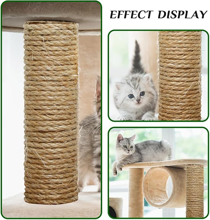 Cat Natural Sisal Rope 1/4 Inch 6mm 164-Feet for Cat Scratching Post Tree Tower Replacement Repair and Replace, DIY Hemp Twine Rope for Cat Scratching Furniture Window Perch and Crafts Gardening