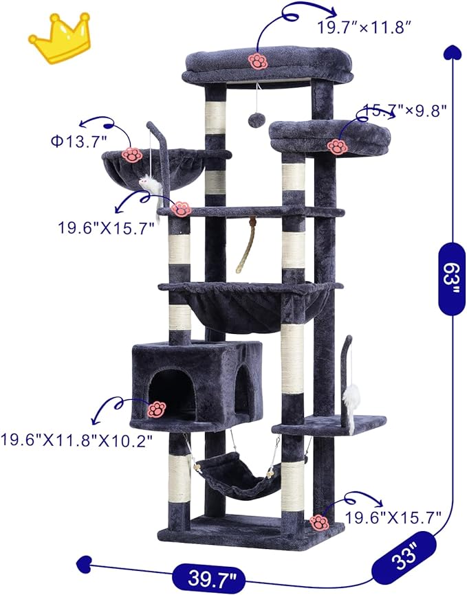 Cat Tree, Cat Tower for Large Cats with 2 Big Platforms, 2 Baskets, condo and Toys, 63" Cat Scratching Posts for Indoor Cats, Smoky Gray GCT020G
