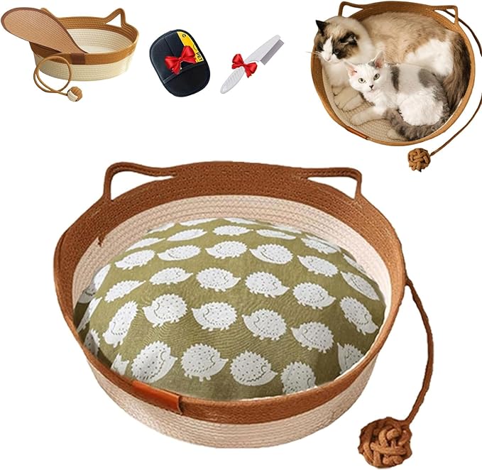 Cutypet Cat Basket, Cuty Pet Basket, Handwoven Cotton Rope Cat Bed, cat Scratch Bed with Built-in Teasing Ball, Breathable & Easy to Clean and Detachable Pad (Brown with Cushion, Large)