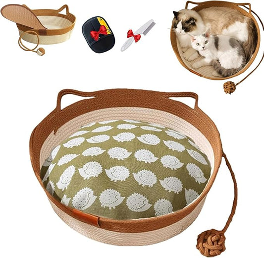 Cutypet Cat Basket, Cuty Pet Basket, Handwoven Cotton Rope Cat Bed, cat Scratch Bed with Built-in Teasing Ball, Breathable & Easy to Clean and Detachable Pad (Brown with Cushion, Large)