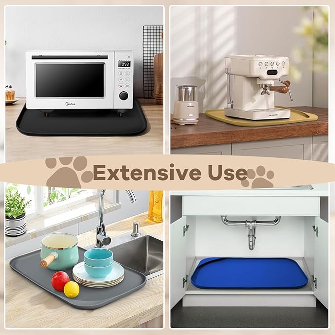 Silicone Pet Feeding Mat with Raised Edge & Residue Collection Pocket for Food and Water, Dog Bowl Mats, Cat Bowls Placemat with High Lip for Floor Waterproof, 24 x 16 x 0.8 Beige