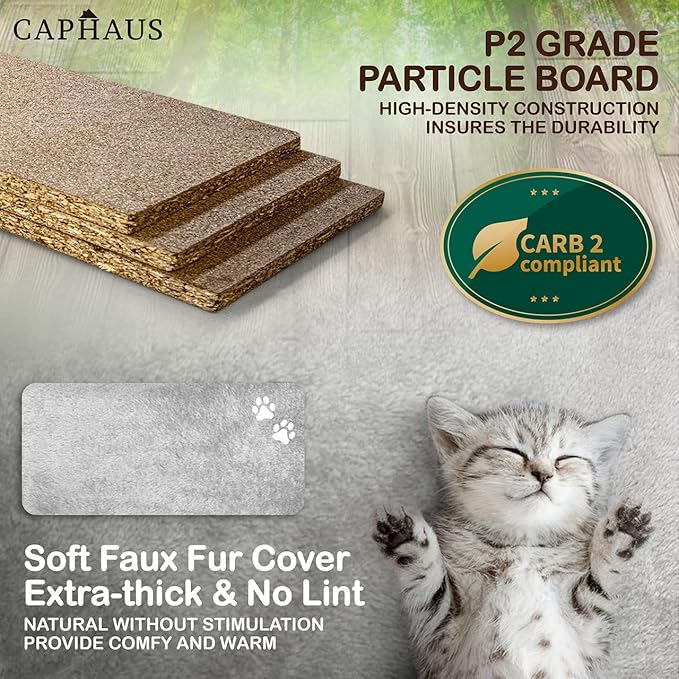 CAPHAUS Cats Kittens Tower with Large Modern Widened Perch, Cute 37-Inch Indoor Multi-Level Cat Activity Tree Scratching Posts, Small Ramp, 2-Door Cave Condo for Cats, Light Grey