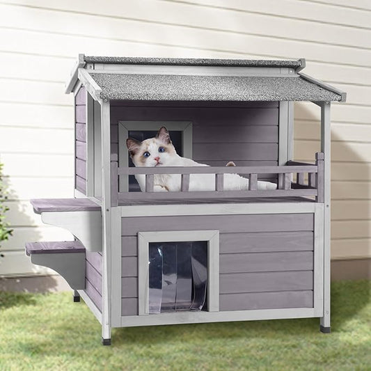 GUTINNEEN Cat House Outdoor Indoor, 2 Story Feral Cat Shelter with Escape Door, Wooden Stray Cat Home with Large Balcony, Weatherproof