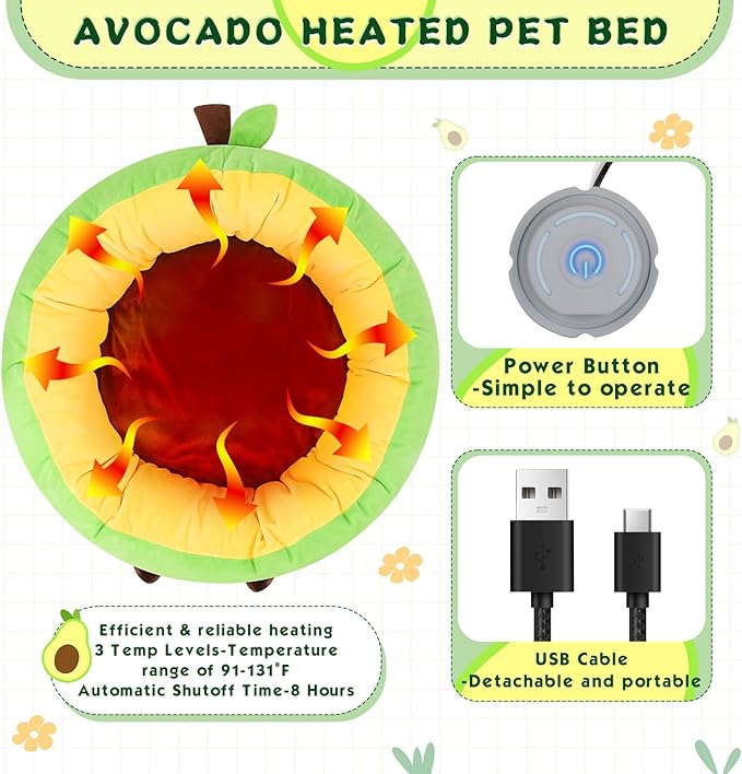 Avocado Heated Cat Bed - Cute Round Dog Bed, Warming Pet Bed for Indoor Cats & Small Dogs, Washable Calming Nest with Heating Pad & Timer, Green Pet Heating Pad for Cats and Dogs