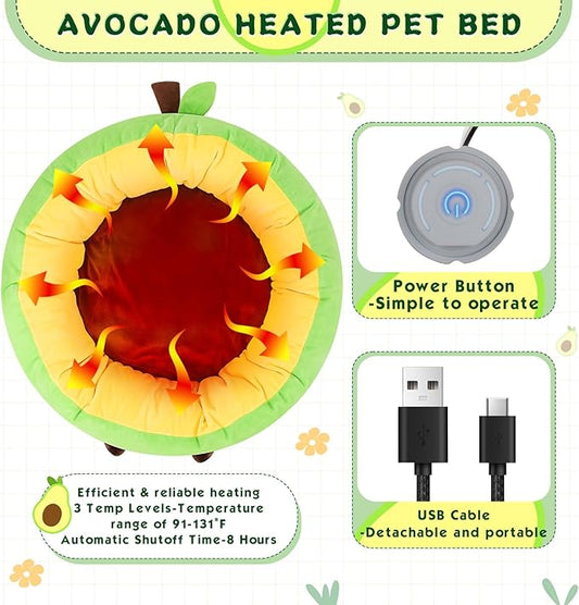 Avocado Heated Cat Bed - Cute Round Dog Bed, Warming Pet Bed for Indoor Cats & Small Dogs, Washable Calming Nest with Heating Pad & Timer, Green Pet Heating Pad for Cats and Dogs
