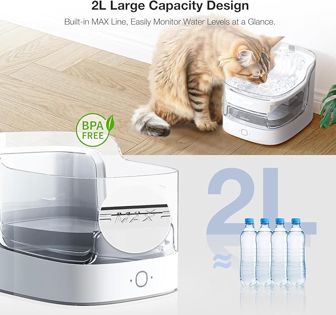 Cat Water Fountain Ultra-Quiet/8 Layers Filtration/BPA-Free/Dogs Automatic Water Dispenser Water Fountains for Cats Wireless Pump 2.4G WiFi(PF1)