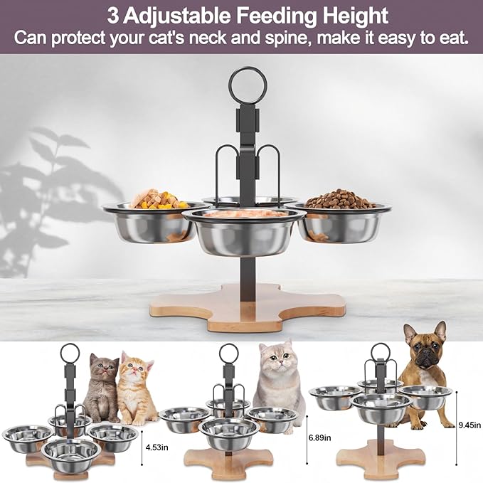 Adjustable Elevated Cat Bowls with Stand, 3 Height Raised Food & Water Bowl Set for Indoor Cats, 4 Stainless Steel Tilted Pet Dishes for Small Dogs, Non-Slip Feeding Station with Anti-Spill Design