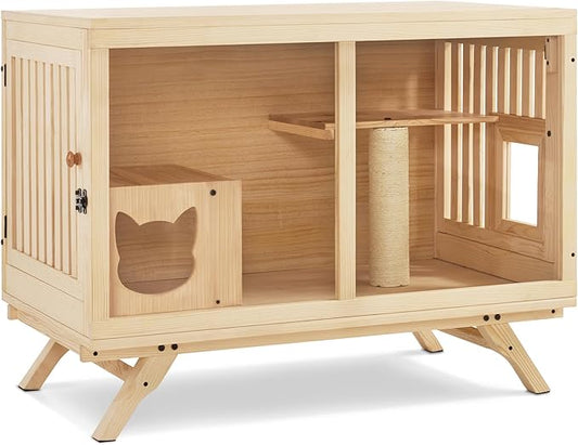 Lovupet Wooden Cat House Villa, TV Shape Luxury Cat Condo with Scratching Post and Escape Door, Kitten Cage Indoor CT55