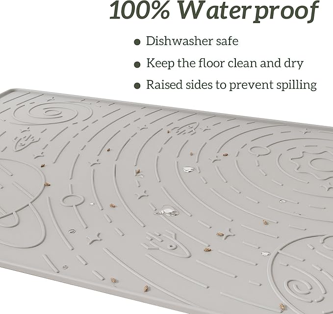 OHMO Dog Food Mat, Silicone Waterproof Cat Food Mat, Non-Skid Spill Proof Pet Feeding Mat for Food and Water, Easy to Clean Dog Placemat(Ash, 23.6" x 15.8")