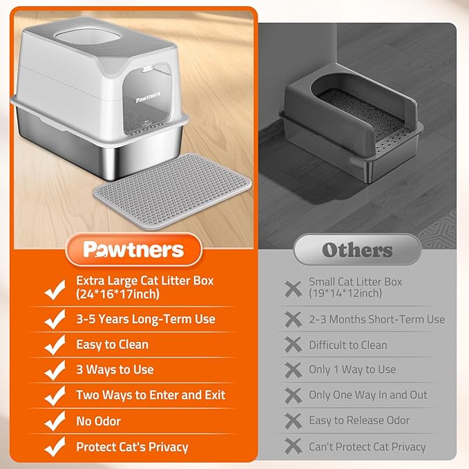 Pawtners Stainless Steel Cat Litter Box, XL Extra Large Kitty Litter Pan, Front Entry Top Exit Enclosed Metal Cat Toilet for Odor Control with Removable Lid & Scoop & Mat, Anti-Leakage, Easy to Clean